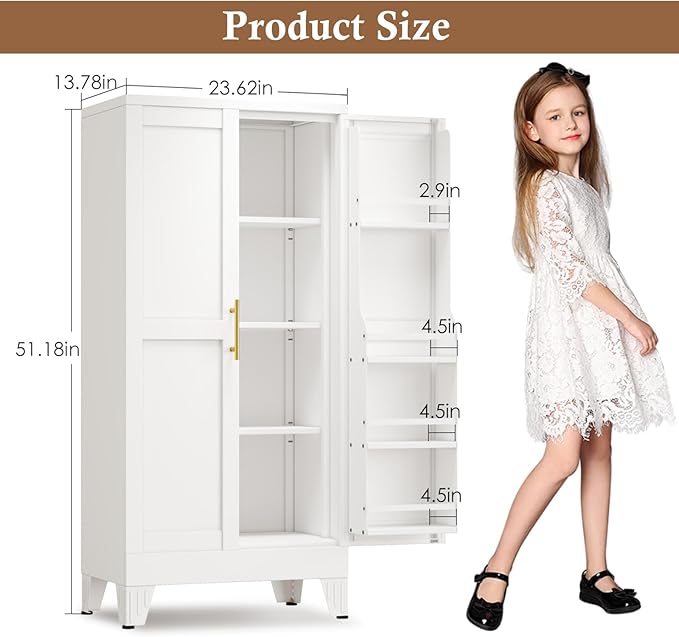 51" Metal Kitchen Pantry Cabinet, Storage Cabinets with 2 Door and 3 Adjustable Shelves, White Freestanding Food Storage Cabinet, Steel Cupboard for Kitchen Dinning Room