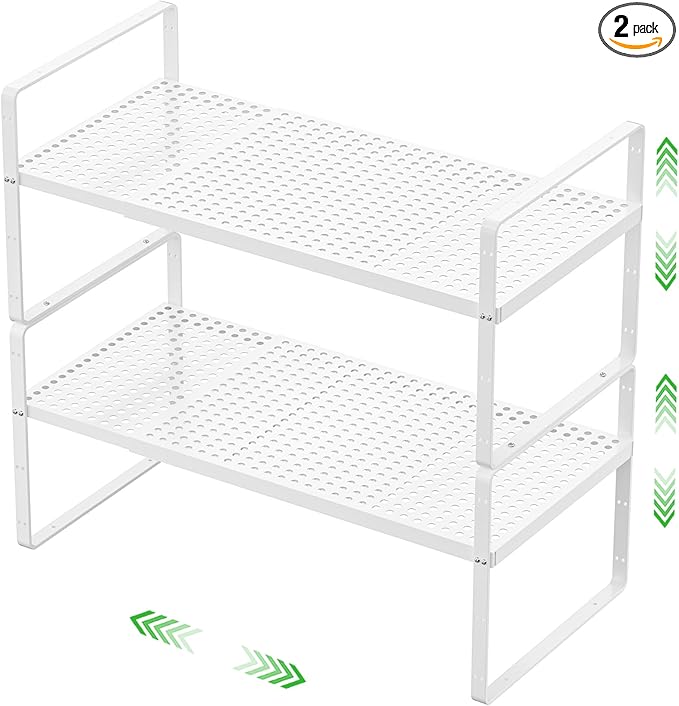 Expandable Cabinet Storage Shelf Stackable Organizer Rack for Kitchen Bathroom Pantry Spice Cupboard Coffee Countertop Home Office Desk Heavy Duty Nonslip White Large 2 Packs