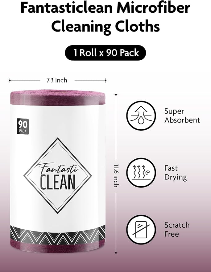 Fantasticlean Microfiber Cleaning Cloth Roll -90 Pack, Tear Away Microfiber Towels, 12" x 12", Reusable, Washable, Scratch Free, Ultra Absorbent Dish Rags for Car, Home, Garage or Shop (Deep Purple)