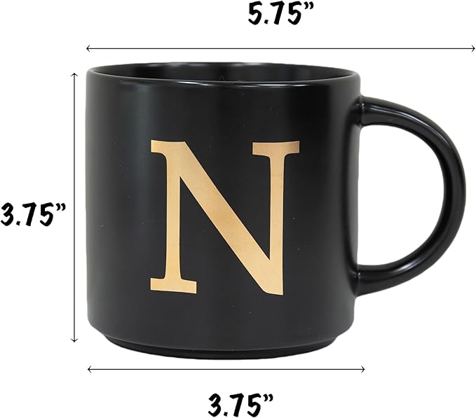 COLLECTIVE HOME - Monogram Ceramic Mugs, 15 oz Golden Initial Black Coffee Cups, Elegant Alphabet Tea Mugs, Elegant Personalized Mug with Gift Box, Unique Mug with Double Side Capital Lette (N)