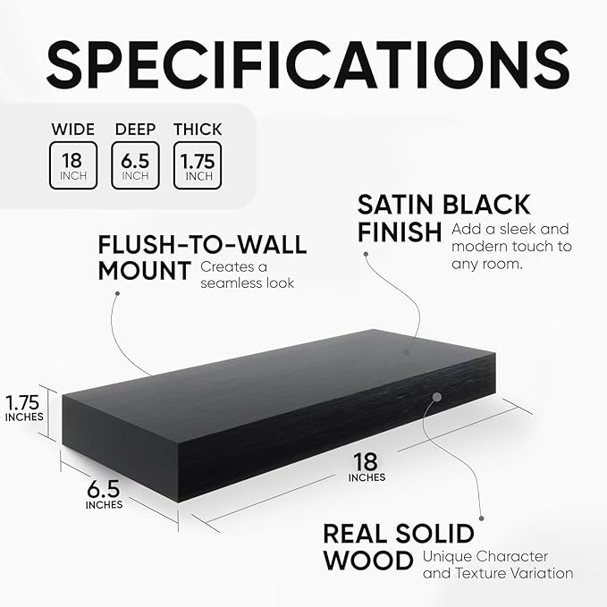 Homeforia Black Floating Shelf 18 inch, High End Solid Real Wood 18inch Bathroom Floating Shelves for Wall Mounted, Black Wooden 18in Floating Shelves, Heavy Duty Bracket, 18 X 6.5 X 1.75 in, Set of 4