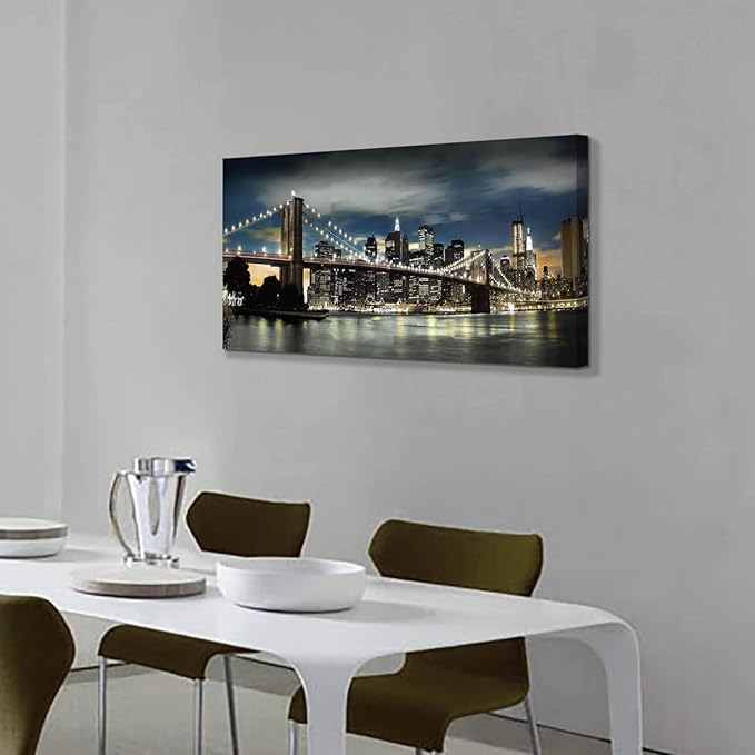 Brooklyn Bridge Canvas Wall Art: Skylines Reflections in New York Artwork for Office Living Rooms(40”x20”)