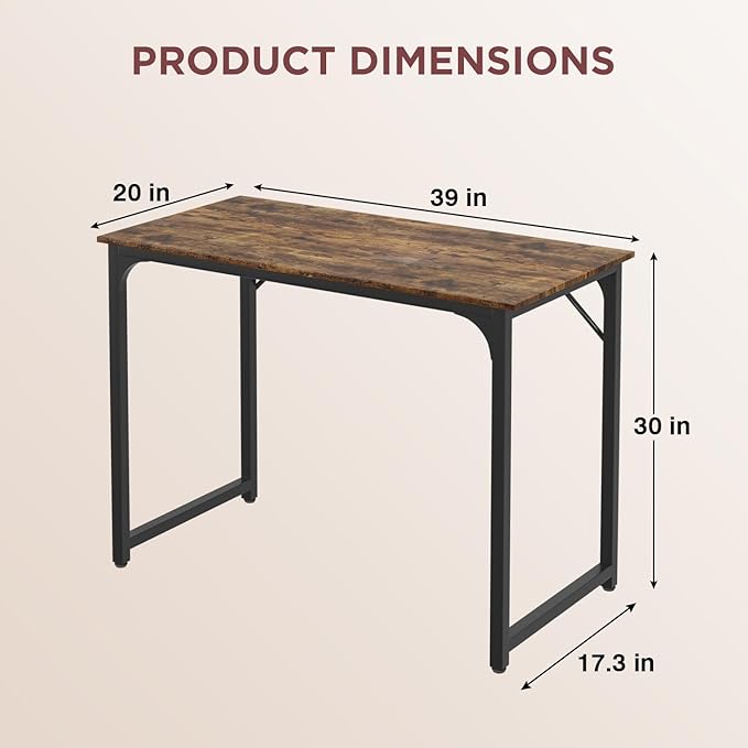 PayLessHere | 39 Inch Computer Desk | Brown | Office Desk with Metal Frame, Adjustable Feet | Water-Resistant, Scratchproof Surface | Sturdy Writing Table for Home Office or Study | Pack of 1