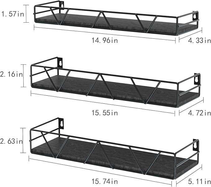 Floating Shelves Set of 3, Home Wood Wall Shelf, Farmhouse Shelf for Bedroom, Wall Mounted Floating Shelf for Living Room, Bedroom, Bathroom, Kitchen, Office (Black 2)