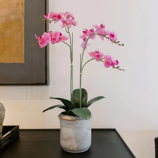 Faux Pink Orchid Plant, Premium Artificial Indoor Flower Display Stands 24”, Beautiful Sculptural Blooms That Lasts Forever, Grey Planter Pot Included