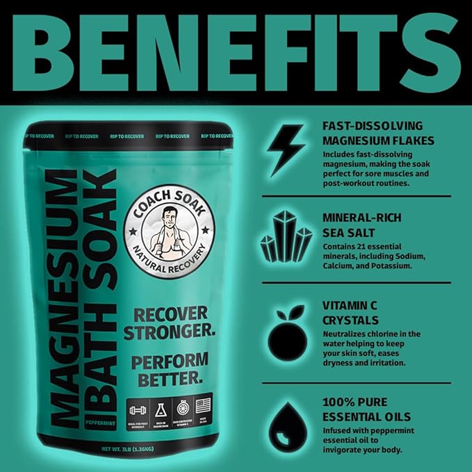 Coach Soak Magnesium Recovery Value Bundle - Flakes Bath Soak + Oil Spray + Lotion with MSM (Cooling Menthol, 3-Pack)