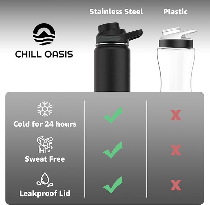 Chill Oasis Water Bottle | Compatible With Popular Flavor Cartridges | BPA Free, Leak Proof, Double-Walled Vacuum Insulated Stainless Steel, and Dishwasher Safe | Cold for 24 Hours (Black, 32oz)
