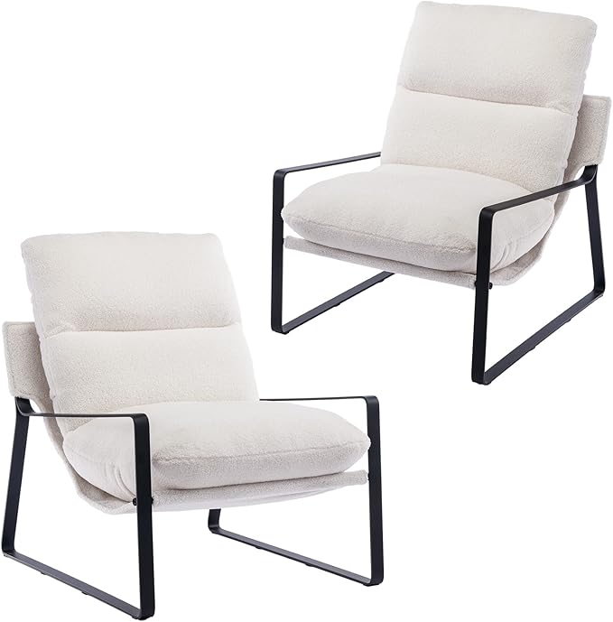 DUOMAY Modern White Sherpa Accent Chair Set of 2, Comfy Lounge Lazy Chair with Metal Leg, Mid-Century Corner Arm Chair for Living Room Bedroom Office Apartment