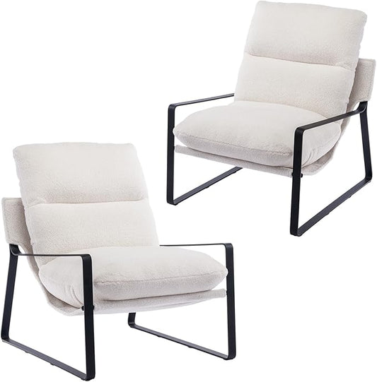 DUOMAY Modern White Sherpa Accent Chair Set of 2, Comfy Lounge Lazy Chair with Metal Leg, Mid-Century Corner Arm Chair for Living Room Bedroom Office Apartment