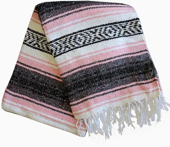 Del Mex Classic Mexican Blanket, Large Authentic Woven Falsa Throw (70"x50"), Artisan Southwest Décor for Beach, Yoga, Outdoors (Pink)