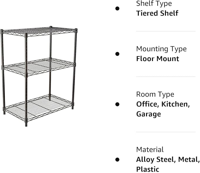 Amazon Basics 3-Shelf Adjustable Heavy Duty Steel Wire Rack Storage Shelving Organizer for Kitchen, Garage, 23.2" L x 13.4" W x 30" H, Black