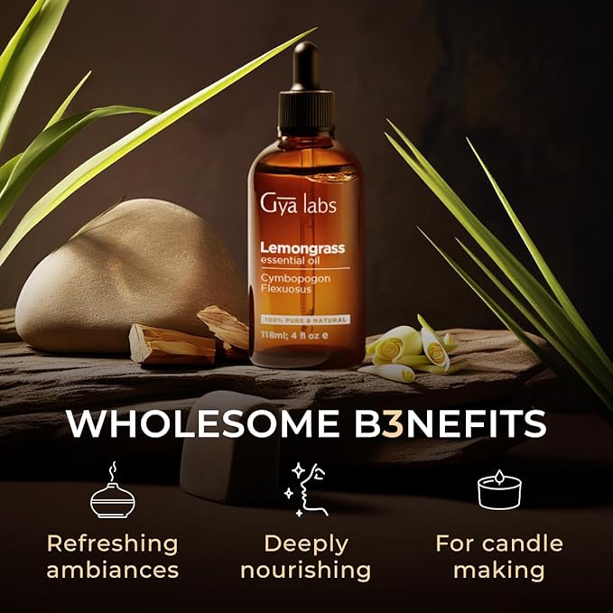 Gya Labs Lemongrass Essential Oil for Diffuser - Huge 4 Fl Oz - 100% Pure Natural Lemongrass Oil for Hair, Skin & Candle Making Scent
