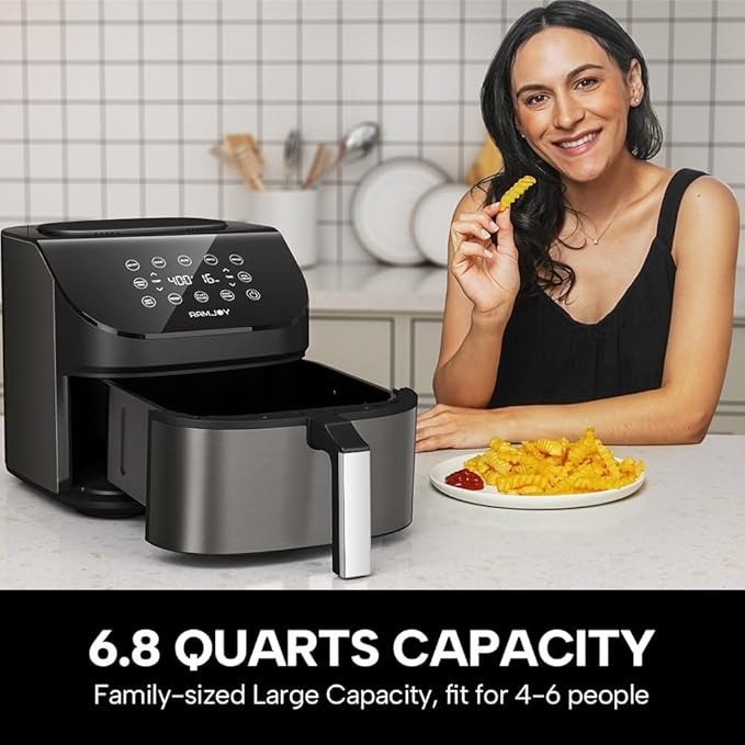 Air Fryer 6.8 Quarts, 10-in-1 Functions, Air Fry, Roast, Bake, Broil, Dehydrate, Large & Compact Air Fryers, Nonstick & Dishwasher-Safe Airfryer Basket, Stainless Steel Air Fryer, Metal Grey