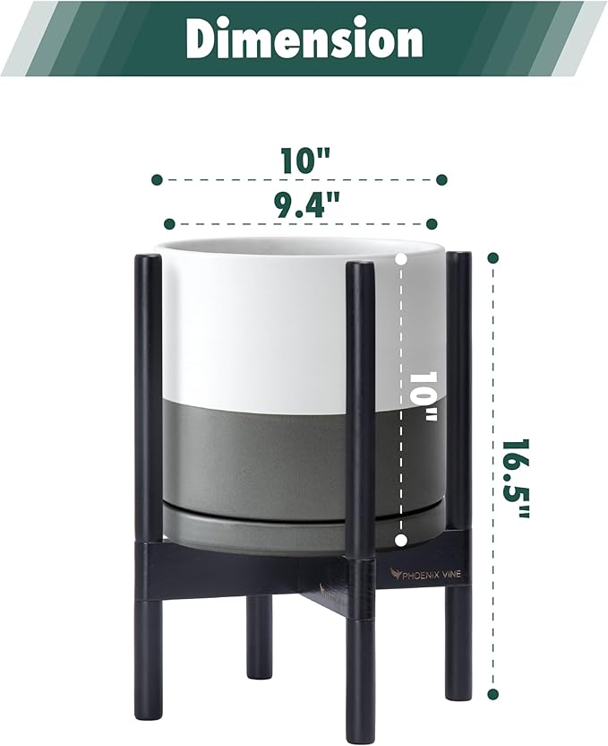 D'vine Dev Ceramic Planter with Ebony Stand - 10 Inch Modern Round Flower Pot with Wood Planter Holder, White/Grey, 55-B-L-6
