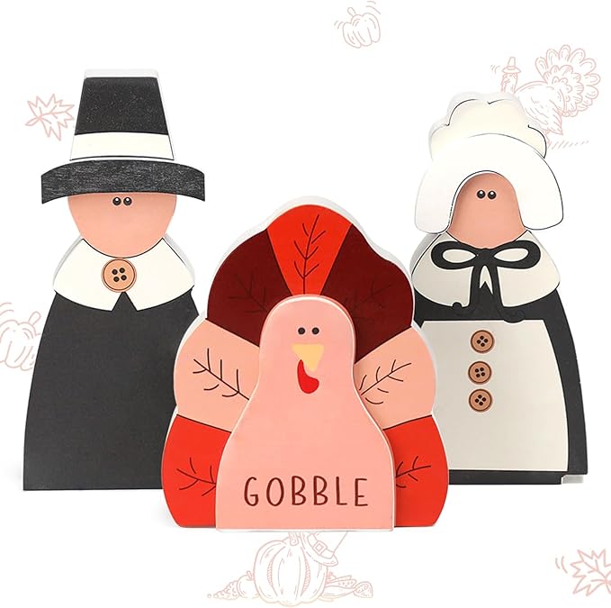 Amorita Fall Thanksgiving Decorations Wooden Turkey Pilgrim Couple Table Sign 3 Pcs Fall Thanksgiving Decor Standing Tabletop Sign Decor for Autumn Harvest - W