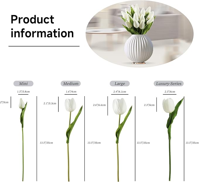 Buart Artificial Tulip in Bulk for Home Kitchen Wedding Bridal Bouquet,Fake White Flowers for Valentine's Day Mother's Day Easter Table Centerpieces Decorations(Mini Size,Real-Touch,12pcs)