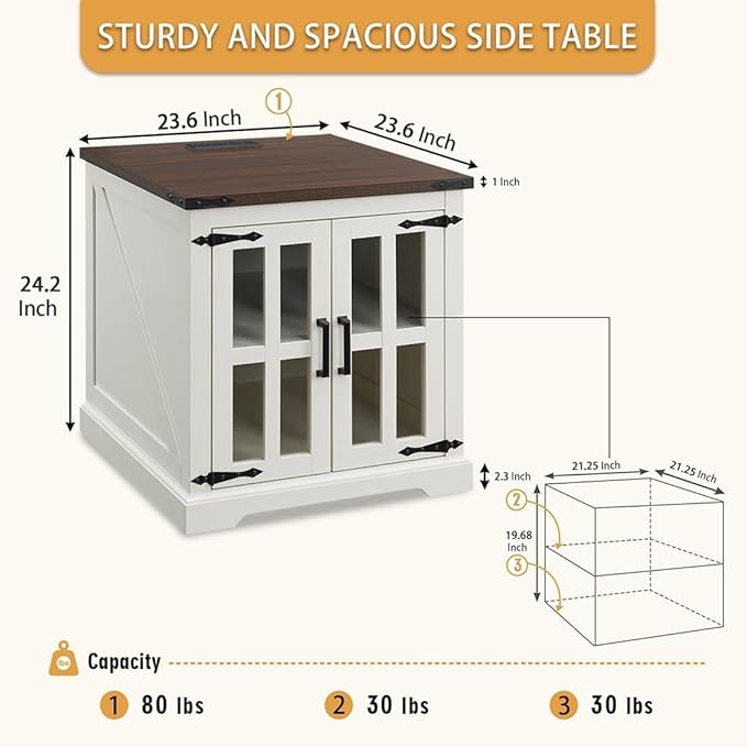 Farmhouse End Table with Charging Station,24" Large Side Table with Glass Barn Door, Rustic Wood Nightstand Bedside Table with Adjustable Storage Shelf for Living Room, Bedroom,White,2 Pack