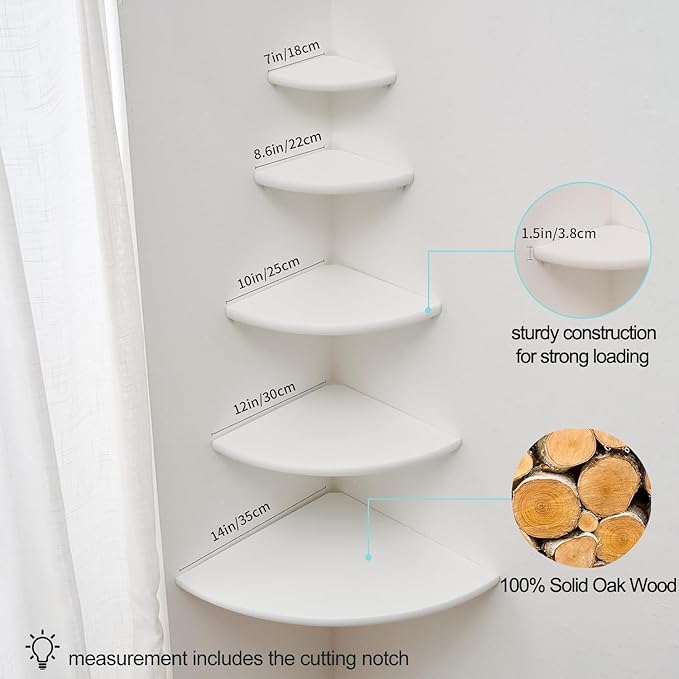 Corner Shelf, Solid Oak Wood Floating Corner Shelf Wall Mount Round End Floating Speaker with Wire Hole for Small Plant Photo for Bedroom Kitchen, Living Room White