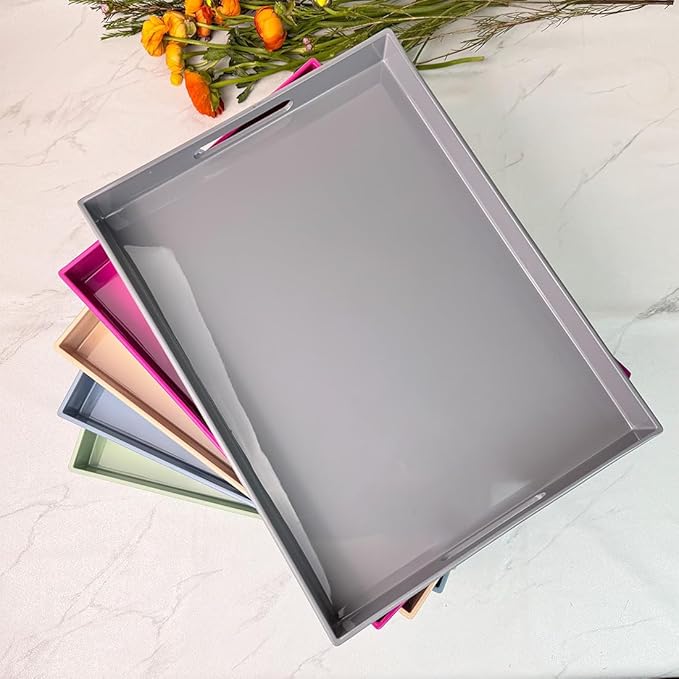 Grey Decorative Tray, Rectangular Large Serving Tray with Handles, Plastic Coffee Table Tray for Ottoman, Living Room, Kitchen Tabletop, 15.7” x 11.8” x1.6”