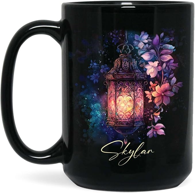 Custom Vintage Lantern With Flowers Coffee Mug, Personalized Name Ceramic Cup 11oz Or 15oz, Glowing Light And Flowers Mug, Customized Enchanted Nature Black Cup, Gift For Friends