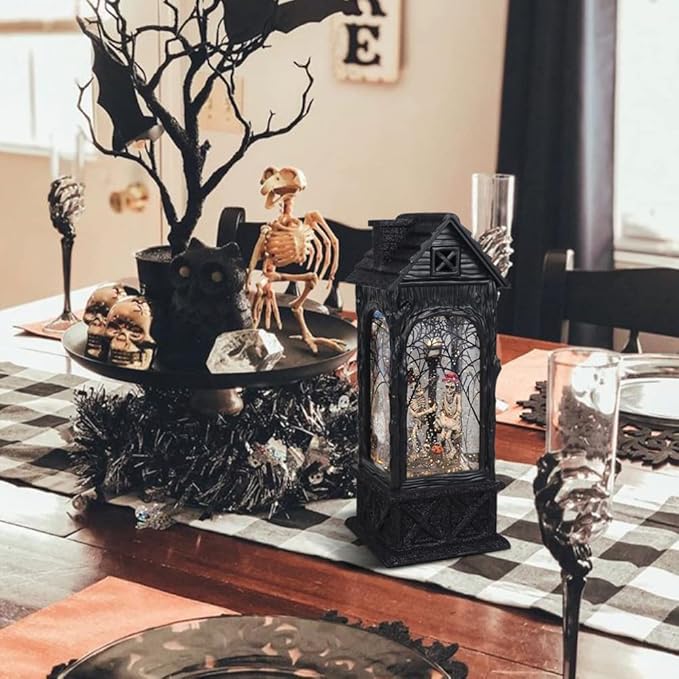 Eldnacele Halloween Ghost Projection Snow Globe Lantern with 6-Hour Timer, Lighted Plug-in & Battery Operated Water Glittering Snowing Globe Lamp for Spooky Fall Halloween Indoor Decoration(Skeleton)