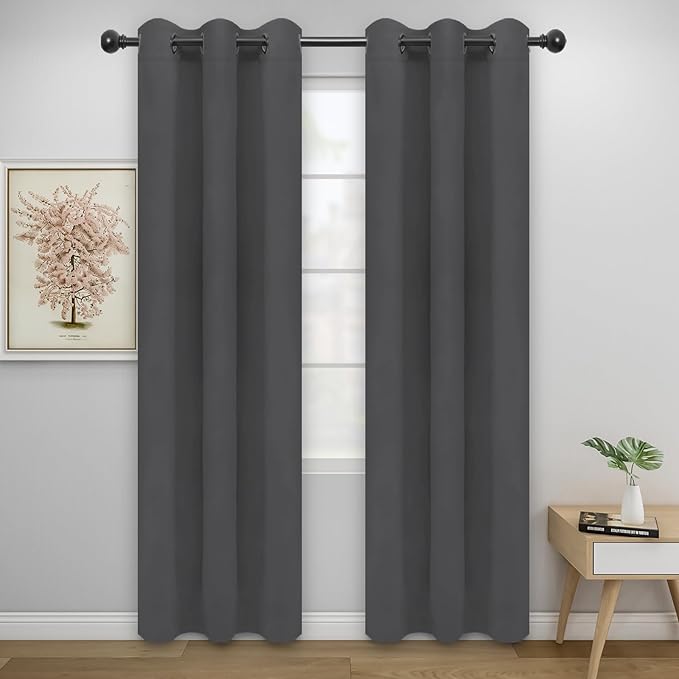 Easy-Going Blackout Curtains for Bedroom, Solid Thermal Insulated Grommet and Noise Reduction Window Drapes, Room Darkening Curtains for Living Room, 2 Panels (34x72 in, Gray)