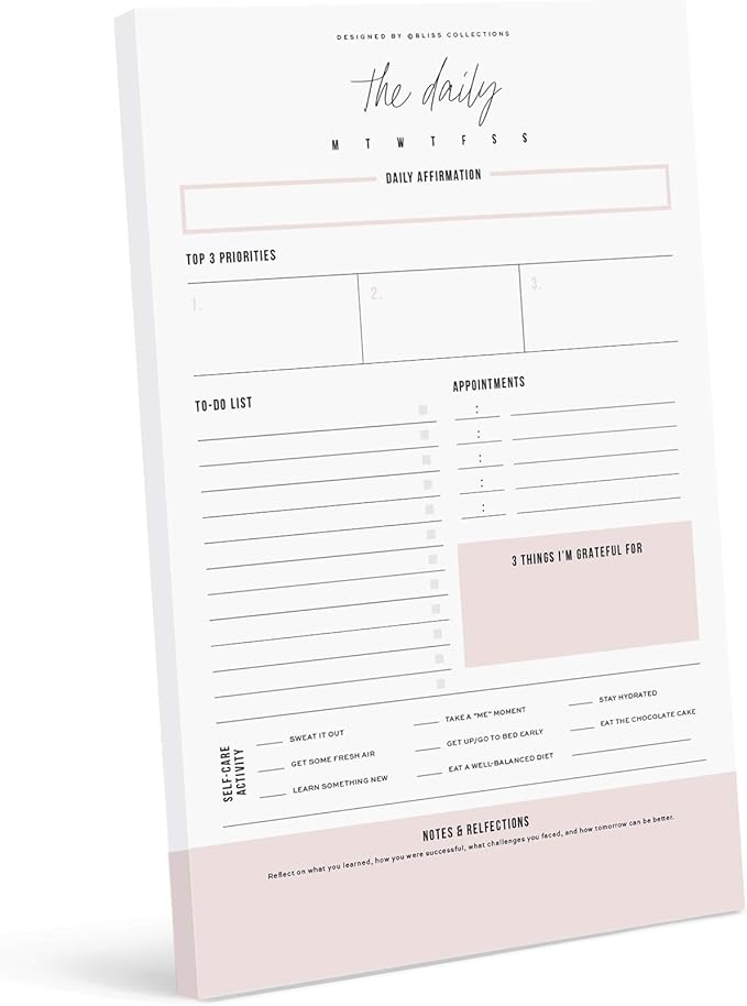 Bliss Collections Daily Planning Pad, To Do List Notebook - Undated Tear-Off Sheets Notepad - Work Calendar, Organizer, Scheduler for Goals, Tasks - Simple (Pink), 6" x 9", 50 Sheets