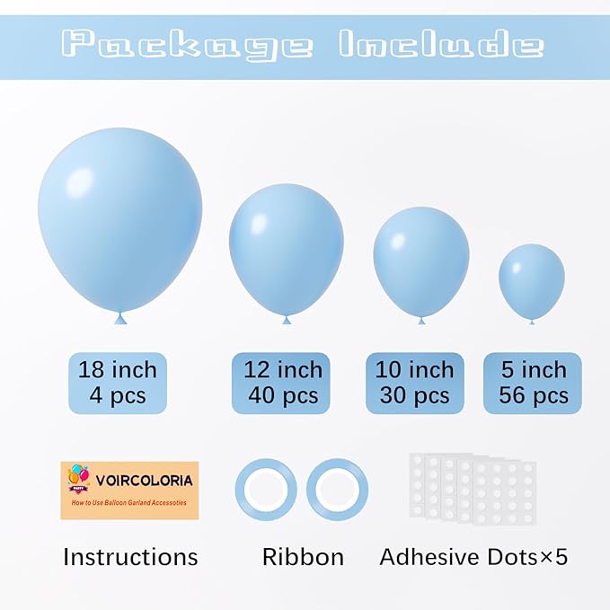 130pcs Light Blue Balloons Different Sizes 18" 12" 10" 5" Baby Blue Balloons for Boys Girls Birthday Baby Shower Gender Reveal Wedding Children's Day Decorations