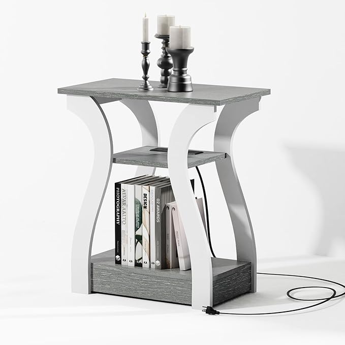 End Tables Living Room, Grey End Table with Charging Station, Grey Side Table, Nightstand for Bedroom, 3 Tier End Table with Storage Shelf for Living Room