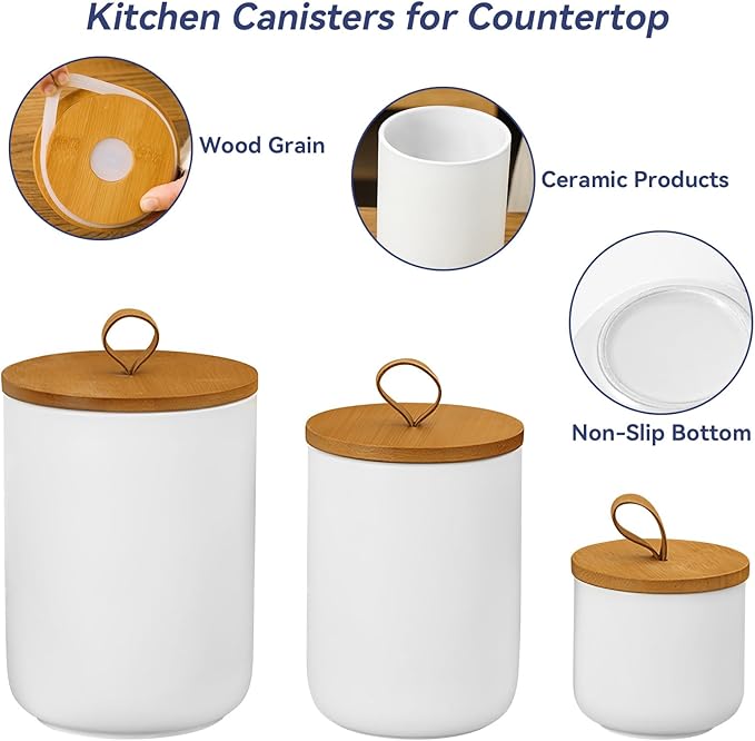 Ceramic Storage Jars, Modern Elegant Highly Polished Airtight Gorgeous Storage Canisters with Wooden Lid Small Food Stroage Jar for Kitchen Spice Tea Vanilla Sugar Coffee Beans (White medium)