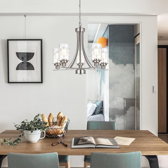 BONLICHT 5 Light Modern Chandeliers Brushed Nickel Kitchen Island Dining Room Lighting Fixtures Ceiling Hanging Clear Hammered Glass Pendant Lamp Transitional Pendant Lights for Living Room Foyer