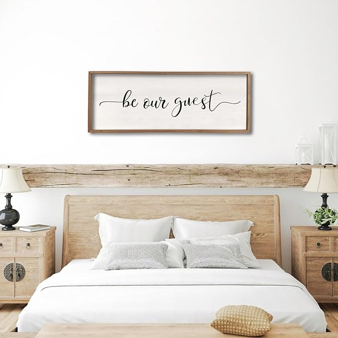 comurdyo Be Our Guest Wall Decor Sign 40”X15” Large Master Bedroom Above Bed Wall Decor Wood Framed Guest Room Sign Simple Rustic Farmhouse Over Bed Bedside Wall Art (Wood)