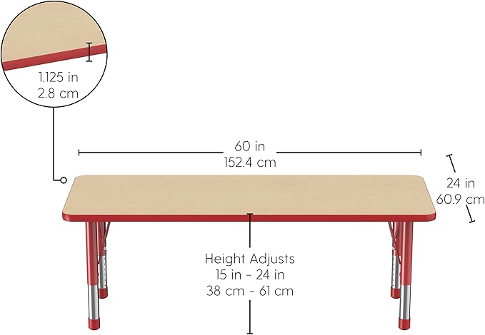 FDP Rectangle Activity School and Classroom Kids Table (24 x 60 inch), Chunky Toddler Legs, Adjustable Height 15-24 inches - Maple Top and Red Edge