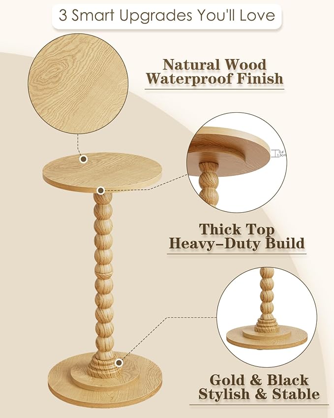 Masupu Round Side Table, Small End Table for Small Spaces, Pedestal Drink Table with Solid Wood Leg for Living Room, Bedroom, Corners(Natural)