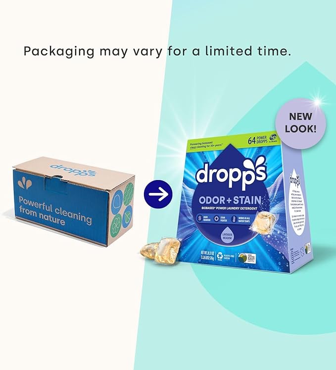 Dropps Odor & Stain Biobased Power Laundry Detergent Pods, Lavender Meadow (64 Count) - HE Compatible Laundry Pods for Fresh Clothes - Washing Detergent Soap Supplies & Recyclable Paperboard Packaging