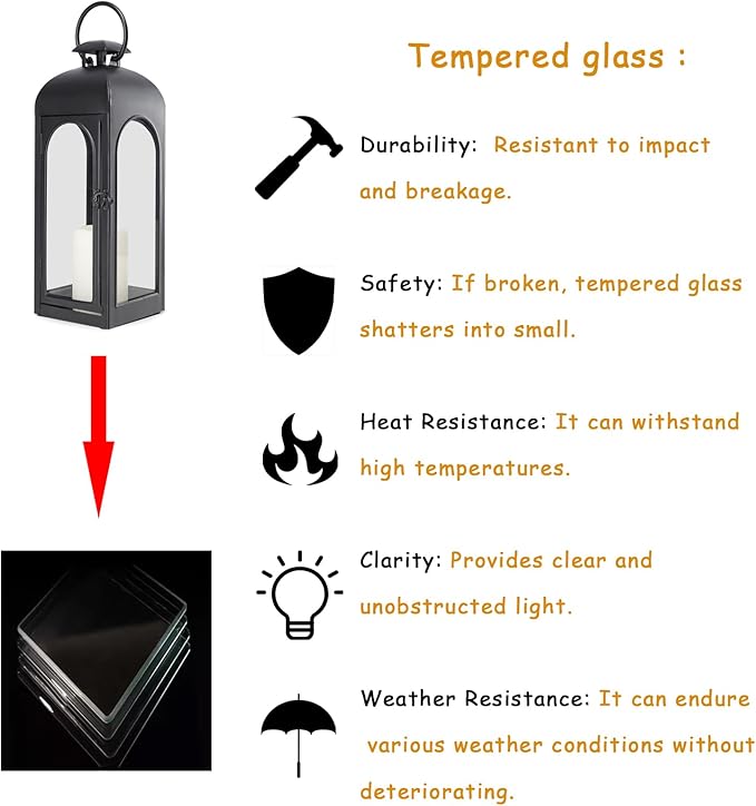 Bdor 2 Pack 20 Inches Metal and Tempered Glass Decorative Lantern with Electronic Wax Effect - Indoor/Outdoor Decorative Lighting, Handcrafted Aesthetic, Perfect for Home, Parties, and Holiday Decor
