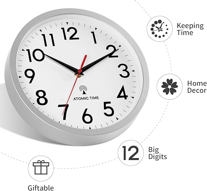 Atomic Wall Clock Analog 12 Inch Battery Operated Modern Decorative for Living Room Kitchen Office Bedroom Bathroom(Silver)