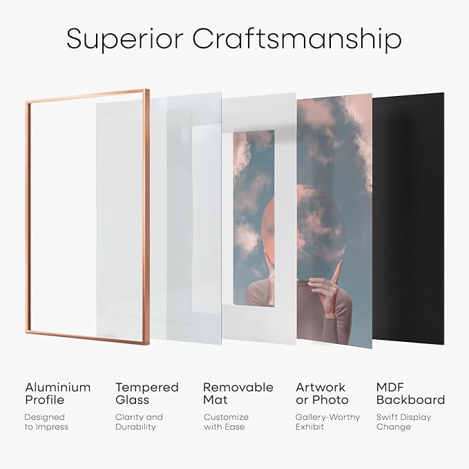 Homeforia 11x17 Picture Frame Rose Gold, High End Metal 11x17 Poster Frames with Mat 8x12 Photo, 11 x 17 Rose Gold Frames Matted to 8 by 12 Print, 17x11 Thin Frames, Tempered Glass, Wall Kit, Set of 1