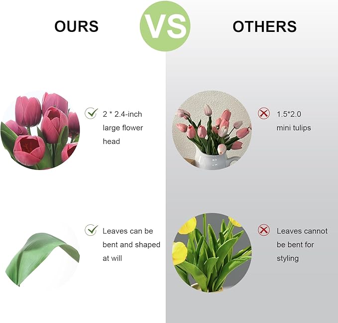 Rose Red Artificial Tulips, 2 Bundles 14Pcs, Fake Tulips Artificial Flowers, 2 x 2.4 Inch Large Flower Head Big Tulip, Easter Valentine's Day Mother's Day Home Decoration Flowers