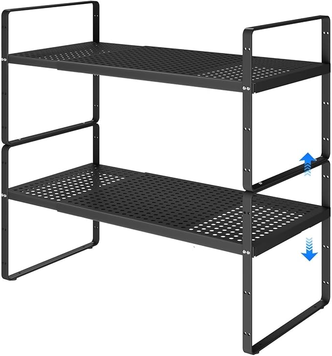 Expandable Cabinet Shelf Organizers, Kitchen Small Stand Rack Organization for Tabletop Countertop Cupborad Pantry, Black 2 Pack