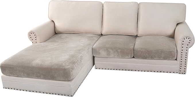H.VERSAILTEX Velvet Stretch 3-Piece L Shape Sectional Couch Covers (Large 2 Seater + 1 Chaise, Oatmeal)