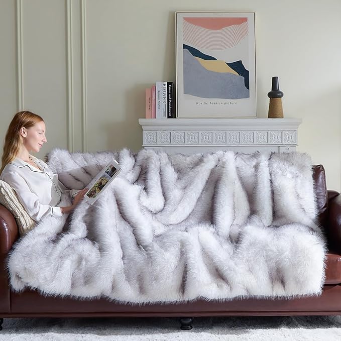 Fluffy Faux Fur Throw Blanket – Super Soft Warm Thick Plush Blanket for Bed, Couch & Office, Cozy Fuzzy Throw with Flannel Backing,90"x90", White