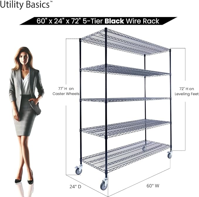 60"x24"x72" Black 5-Tier Premium Metal Wire Shelving NSF 4000 LBS MAX Capacity Heavy Duty Steel Storage Rack for Warehouse, Garage, Hospital, Commercial Space & School w/Premium Wheels