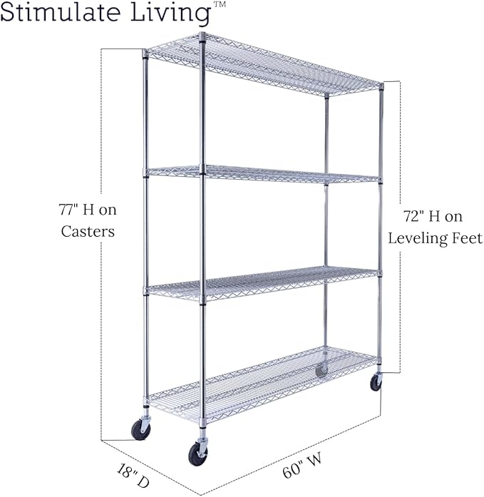 60"x18"x72" Prime Heavy Duty Chrome 4-Tier Wire Shelving NSF 3200 LBS MAX Capacity Storage Rack for Commercial, Hospital, School, Garage, and Kitchen Uses (with Wheels)