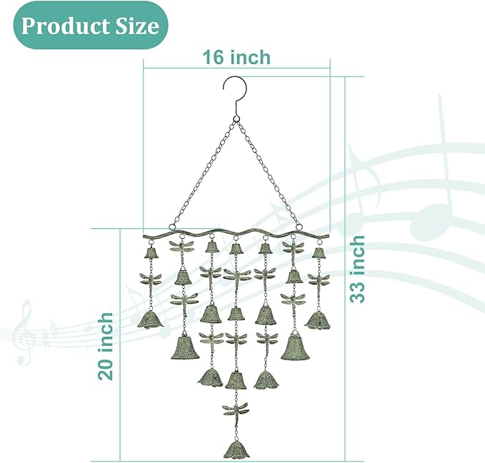 Dragonfly Wind Chimes for Outside, Large Strung Verdigris Windchimes with Wrought Iron Bell for Garden, Patio, Porch Outdoor Decor, Memorial Sympathy