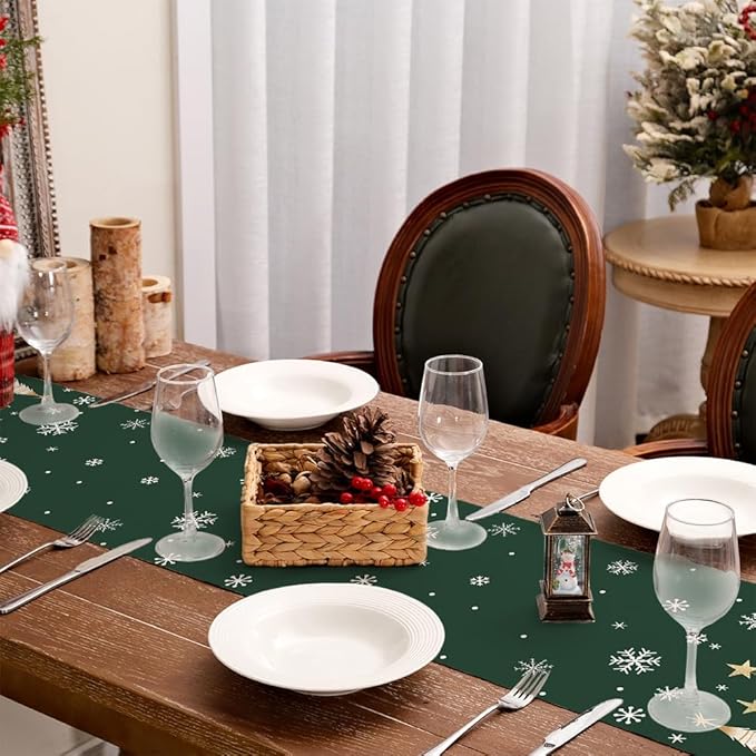 GEEORY Christmas Table Runner 13x72 Inch, Xmas Trees Snowflakes Holiday Decorative Farmhouse Table Decoration for Kitchen Dinning, Indoor Outdoor Dinner Party Decor (Green) GT152-72