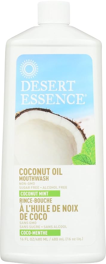 Desert Essence Coconut Oil Mouthwash- Alcohol & Sugar-Free - Coconut Oil & Tea Tree Oil Mouthwash for Adults & Kids 6+ - Promotes Gum Health, Fresh Breath, Soothing