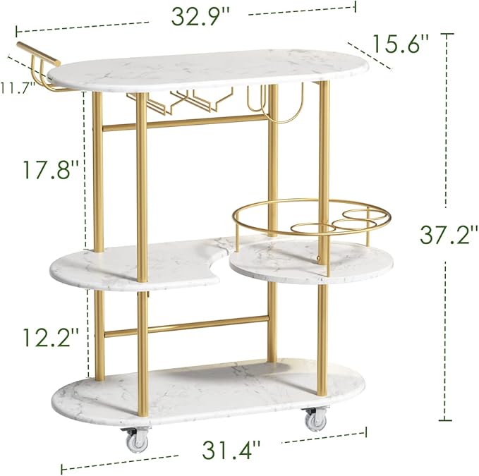 Gold Bar Carts with 4-Tier Storage Shelves, Mobile Bar Serving Cart with Wine Rack and Glass Holder, for The Home, Kitchen, Living Room, Dining Room