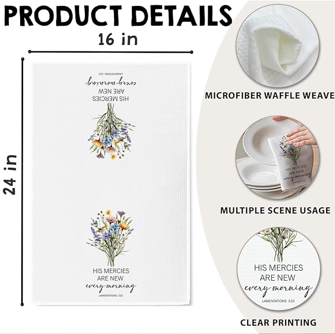 Christian Kitchen Towel, Waffle Weave Microfiber Scripture Hand Towel, His Mercies are New Every Morning Bible Verse Farmhouse Decor for Kitchen Bathroom, Inspirational Gift for Women