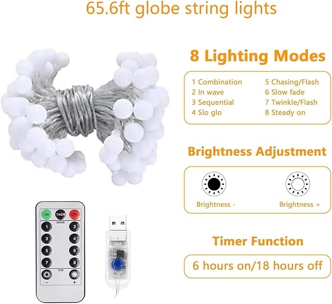 Globe String Lights 65.6 Ft. 120LEDs 8 Modes with Remote,USB Fairy Lights Plug in,Waterproof LED String Lights for Indoor Outdoor Bedroom Party Wedding Garden Christmas Tree Decor,Warm White